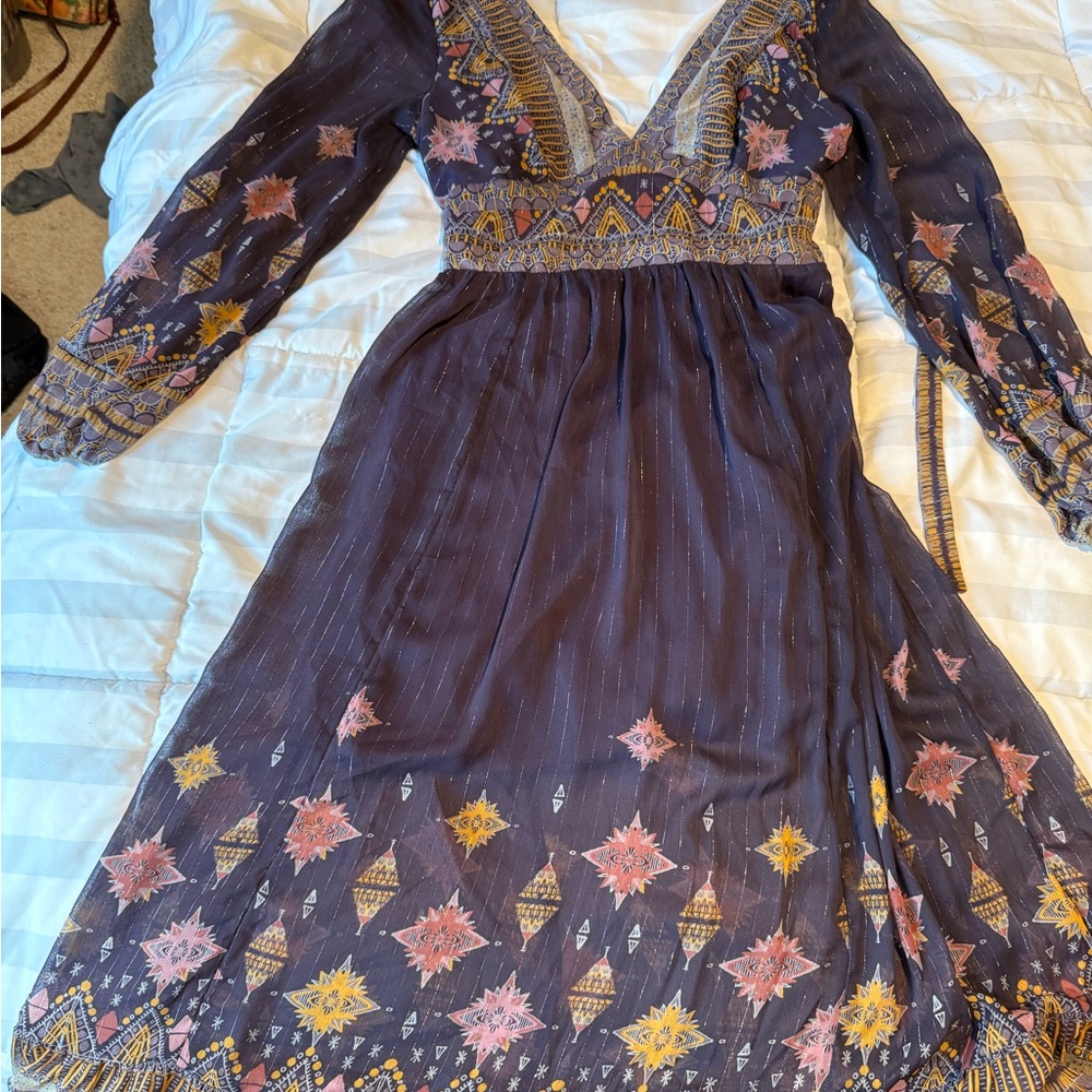 Free People Long Sleeve Dress with Pink and Yellow Embroidery